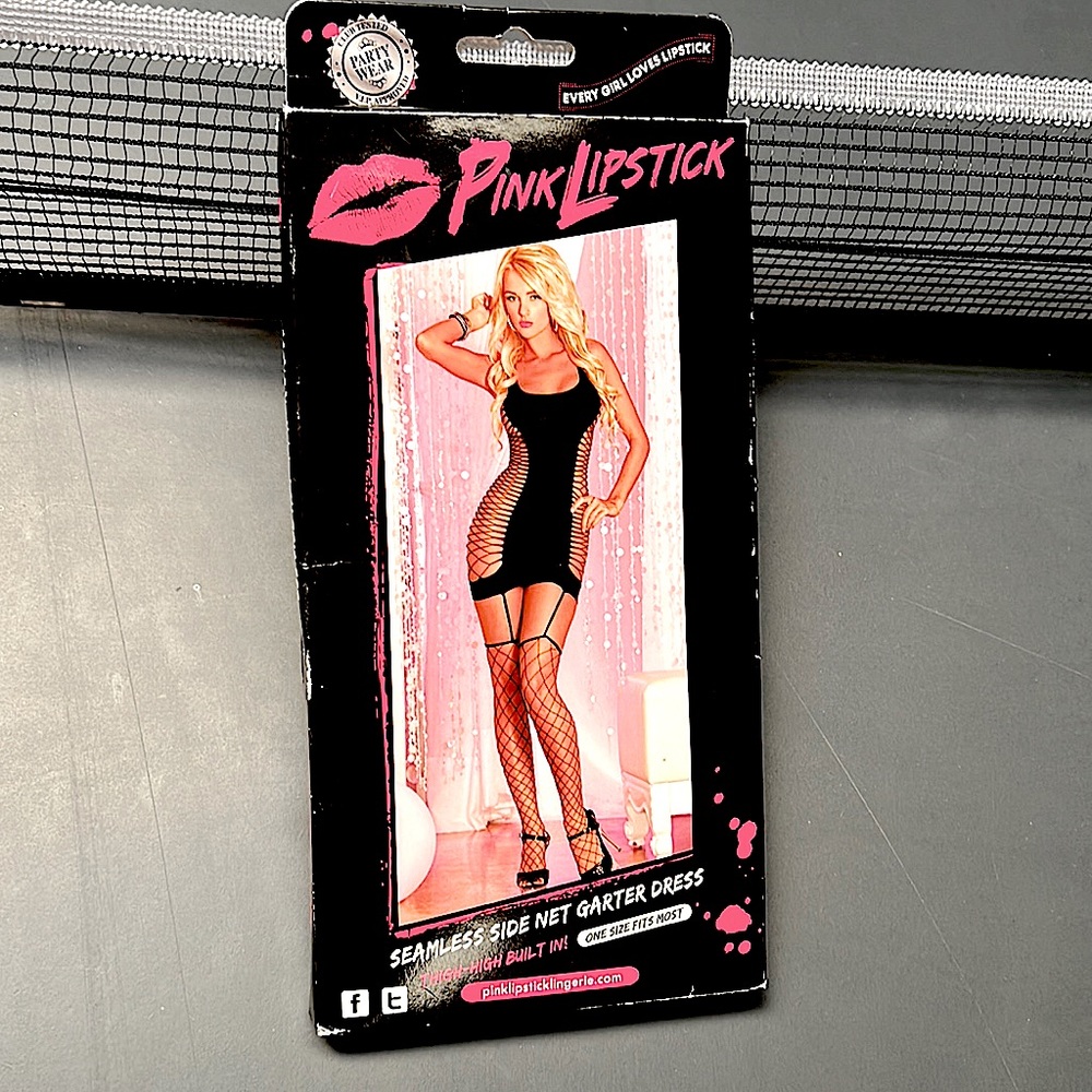 NWT Pink Lipstick Black Seamless Side Net garter dress with thigh high stockings